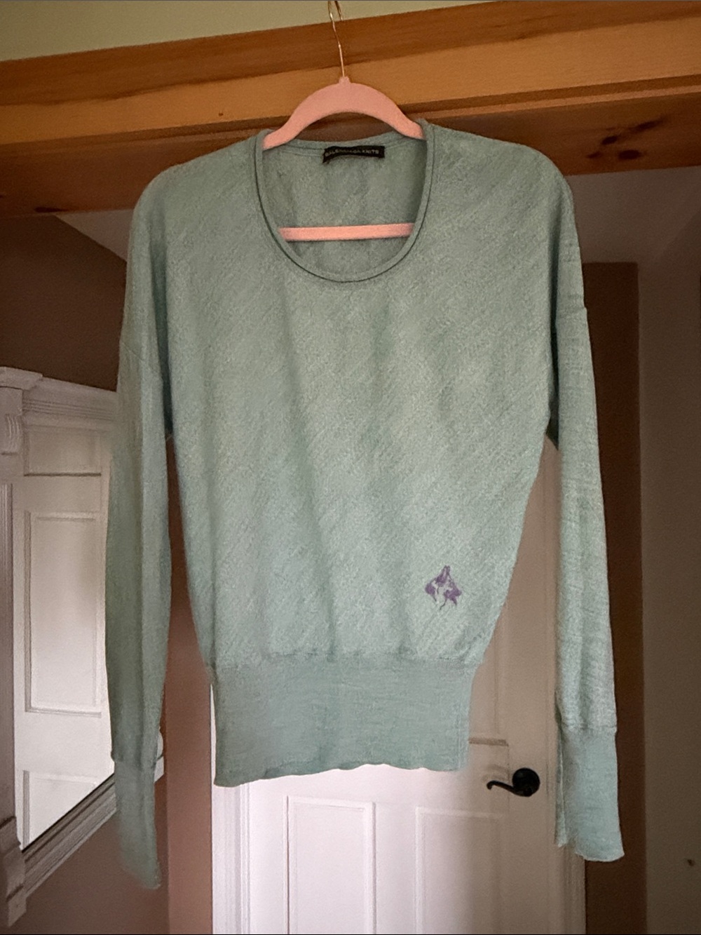 Balenciaga Designer Light Blue Scoopneck Sweater with German Shepherd Logo